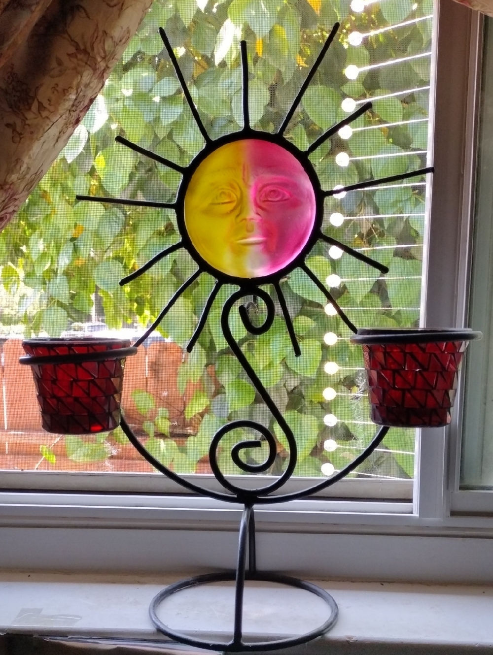 Large 90's Wrought Iron Votive Holder with Pink and Yellow Glass Sun Face